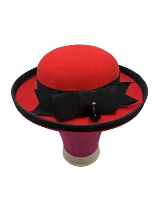 Aldolfo II Accessories - Vintage Adolfo II Red Wool Felt Hat Black Bow Heart Charm USA Excello Chic Style